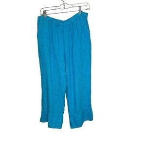 MATCH POINT USA Women’s L 100% Linen Wide Leg Crop Pants Lagenlook‎ Aqua Blue